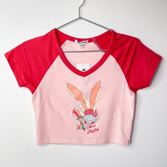 NWT PLAYBOY Graphic Red Pink T-Shirt Raglan Baby Tee Small - Picture 1 of 3